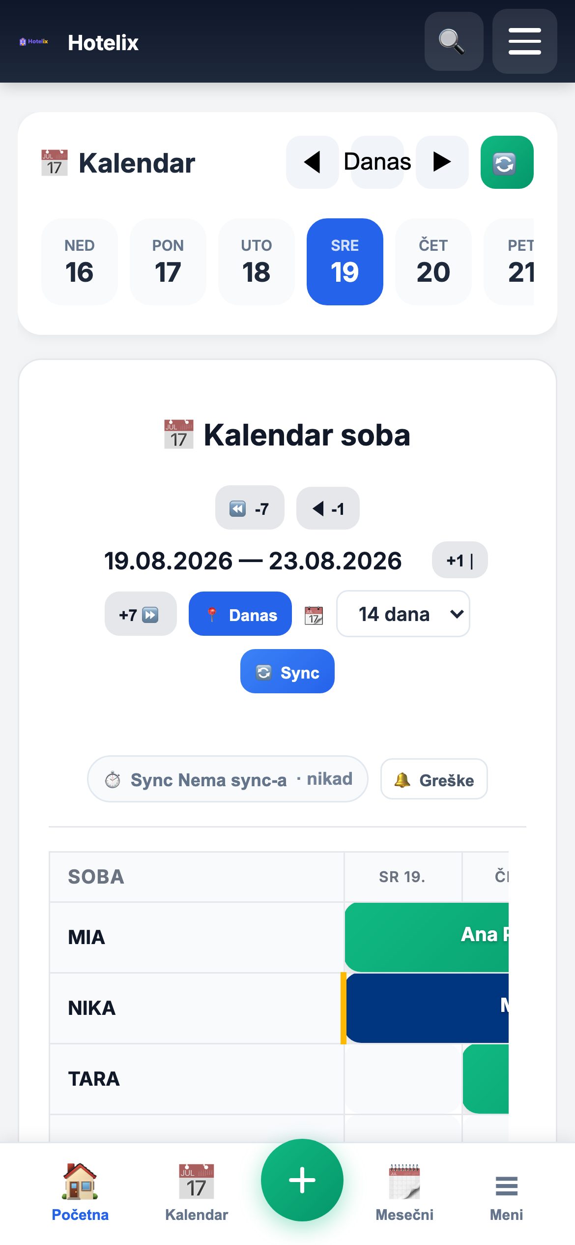 Hotelix na telefonu — kalendar